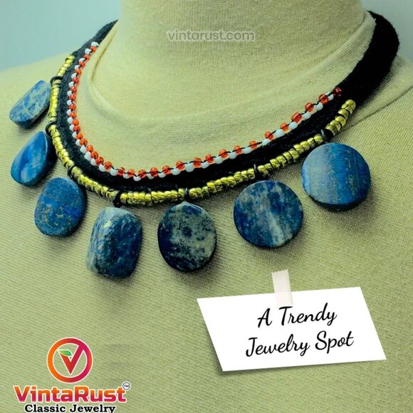 Tribal Choker Necklace With Dangling Lapis Lazuli Stones, Vintage Lapis Stone - Picture 7 of 10